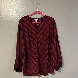 Liz Claiborne Burgundy Striped Satin Long Sleeve Round Neck Women's Blouse XXL